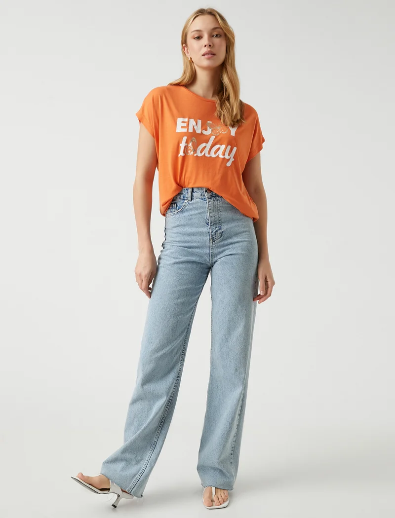KOTON Slogan Printed T-Shirt Short Sleeve Crew Neck