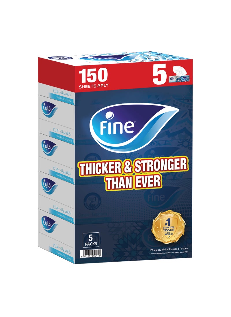 Fine Facial Tissue Boxes, 5 Box, 2 Ply x 150 Sheets White - Image 1