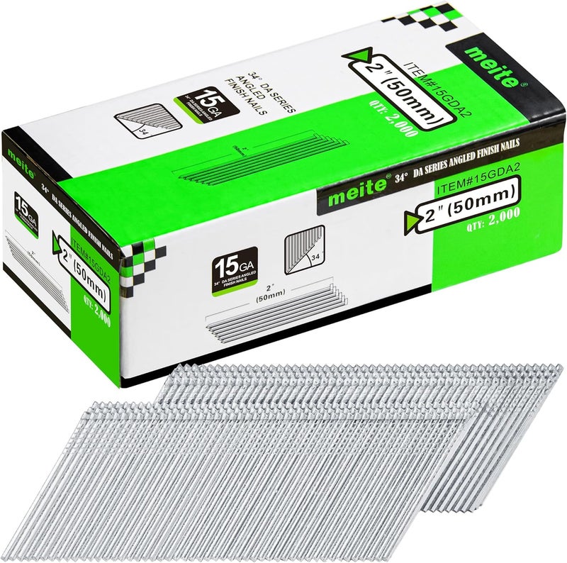 Meite 15 Gauge Angled Finish Nails, 2-Inch 34 Degree DA Series Galvanized Finishing Nails for Nailer Guns - Perfect for Window Trim, Cabinet Building and Other DIY Projects (2,000 Counts) - Image 1