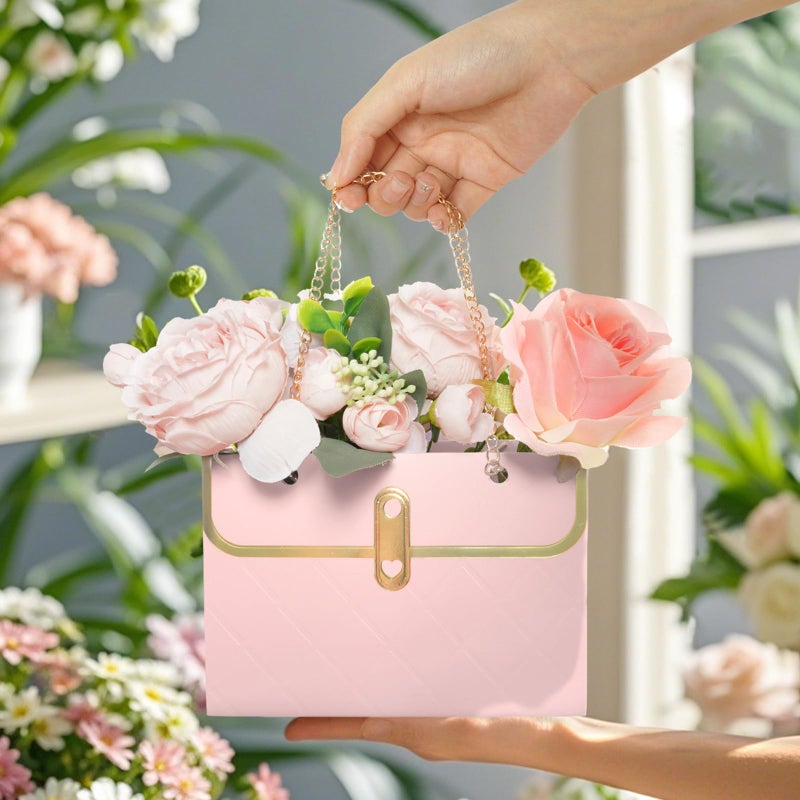 baotongle 6pcs Flower Paper Gift Box Bouquet Storage Bucket Handbag with Metal Chain Flower Boxes for Arrangements Wedding Valentine's Mother's Day Birthday Bridal Shower Pink - Image 3
