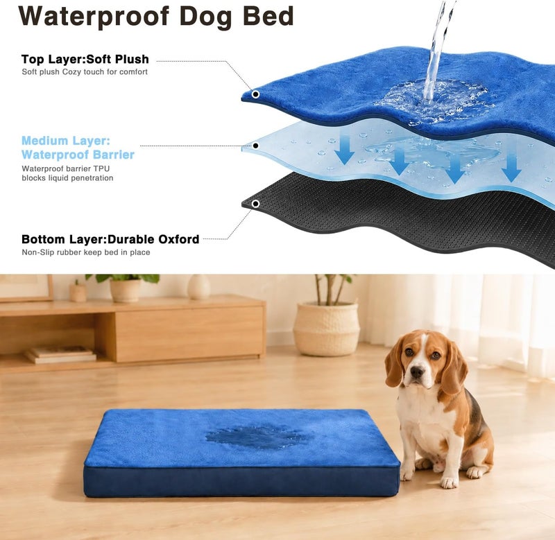 Waterproof Large Dog Bed for Crate with Washable Cover, 35x22, Navy | TPU Waterproof Layer, Easy Clean Cover, Soft Plush Surface, Durable Oxford fabric, Non-Slip Bottom, For Large Breeds ≤50lbs - Image 3