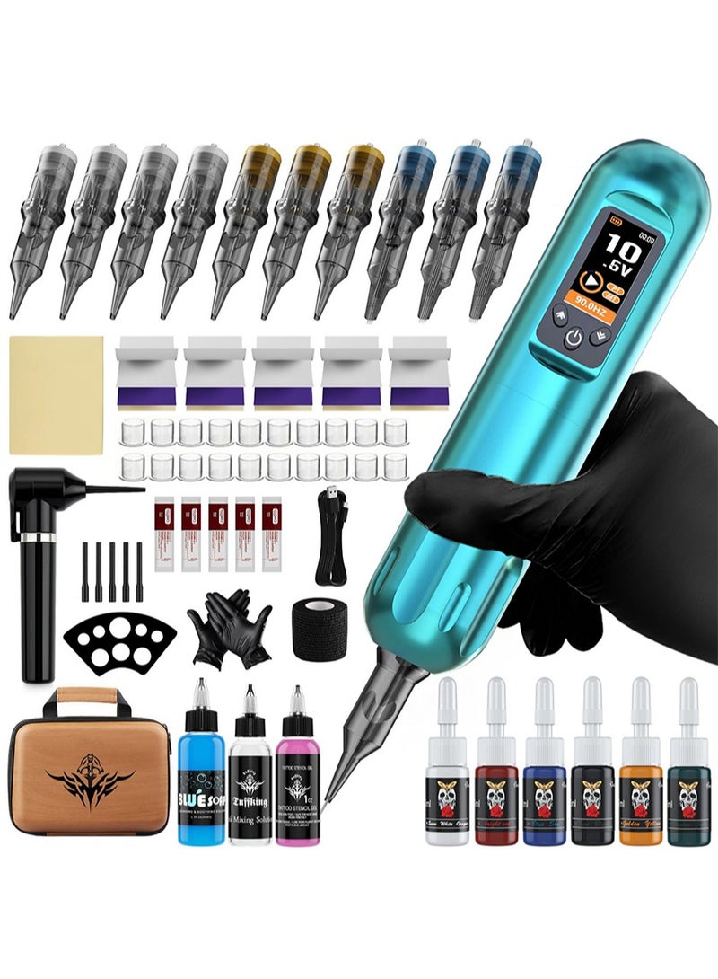 هالونهي مجموعة ماكينة الوشم اللاسلكية، مجموعة ماكينة الوشم، 10 قطع من إبر خرطوشة بأحجام مختلفة، شاشة LED، مجموعة أقلام الوشم الكاملة، مناسبة للمبتدئين والفنانين في الوشم - Image 1
