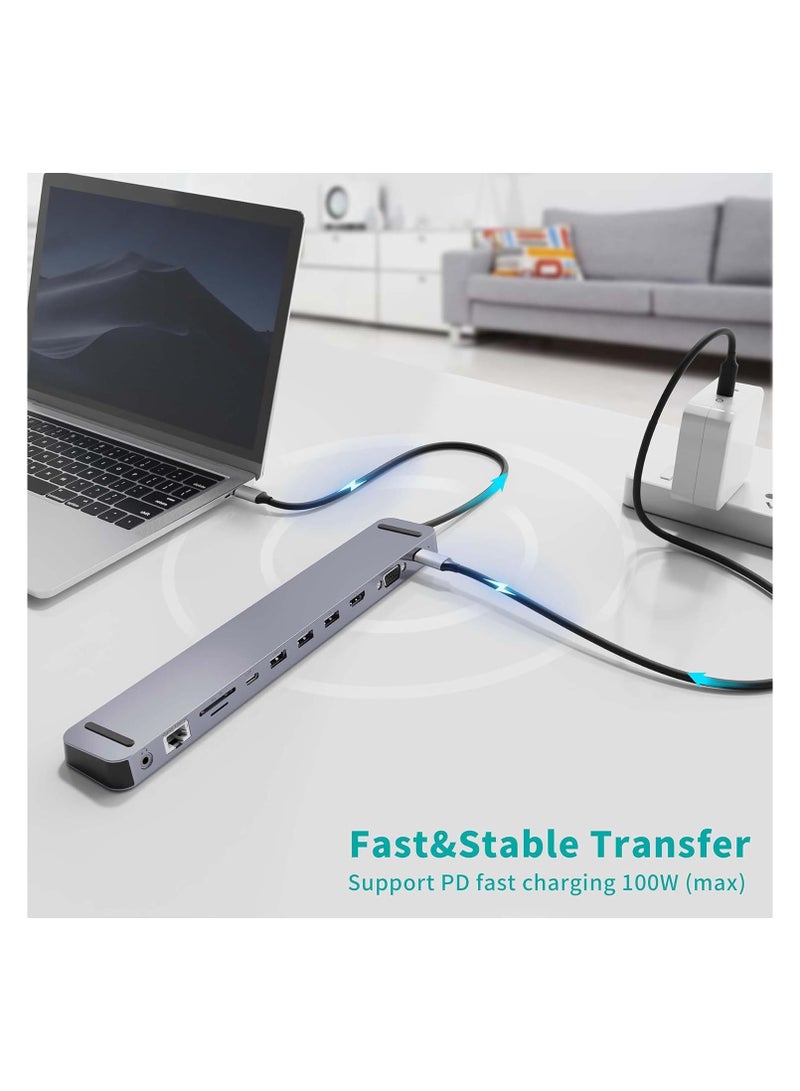 11-in-1 USB-C Docking Station with 100W Power Delivery, 4K HDMI, VGA, RJ45, 3 USB 3.0, SD/TF Card Reader, Audio Port, Laptop Stand – Silver - Image 4