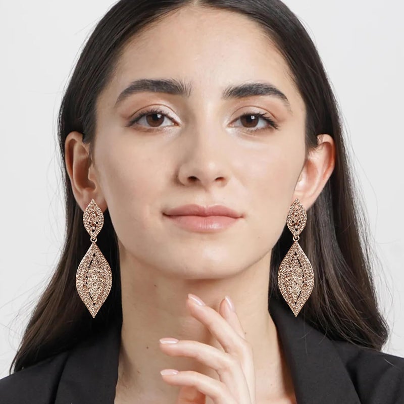Flyonce Women's Rhinestone Crystal Wedding Bridal 2 Leaf Drop Dangle Chandelier Earrings - Image 2
