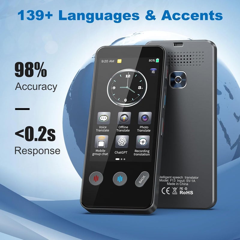 AI Translator Device with 139 Online Languages, 18 Offline Languages, 55 Online Image Translations, 23 Offline Image Translations, 13 Recording Translations, 3.2-inch IPS 480*854 Touch Display, 5-Megapixel Rear Camera, 1500mAh Rechargeable Battery, 4-Core Processor, 1GB+8GB Storage, 2.4G WIFI, Bluetooth, 8Ω/1.5W Speaker, Dual Microphones, Includes 1x Translator, 1x Manual, 1x Charging Cable - Image 4