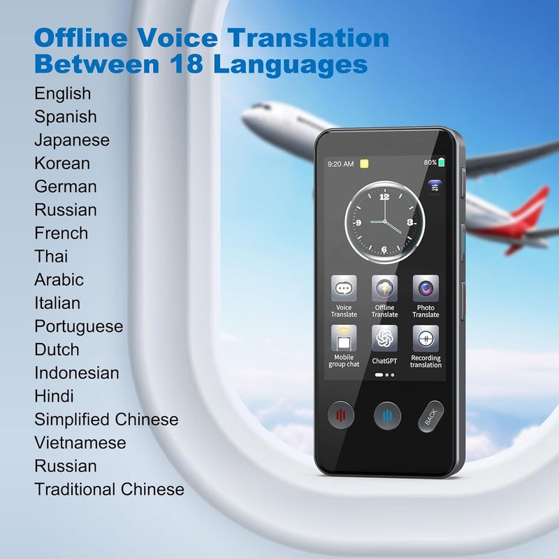 AI Translator Device with 139 Online Languages, 18 Offline Languages, 55 Online Image Translations, 23 Offline Image Translations, 13 Recording Translations, 3.2-inch IPS 480*854 Touch Display, 5-Megapixel Rear Camera, 1500mAh Rechargeable Battery, 4-Core Processor, 1GB+8GB Storage, 2.4G WIFI, Bluetooth, 8Ω/1.5W Speaker, Dual Microphones, Includes 1x Translator, 1x Manual, 1x Charging Cable - Image 3