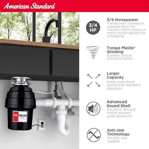 American Standard 10-US-AS-7 Garbage Disposal Anti-Jam Stainless Steel Food Waste Grinding System, Heavy Duty, 3/4 HP, Black - Image 2