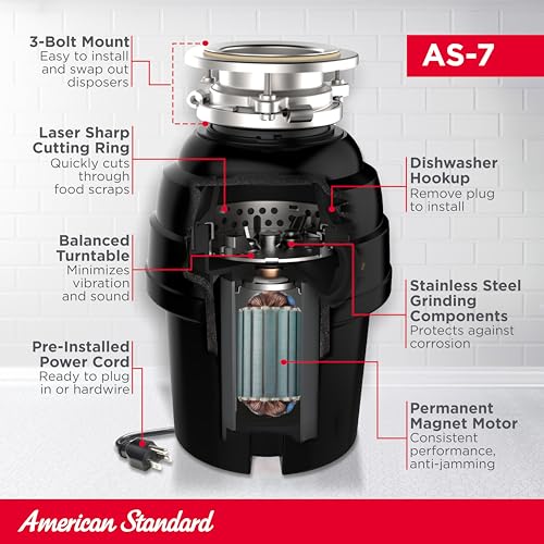 American Standard 10-US-AS-7 Garbage Disposal Anti-Jam Stainless Steel Food Waste Grinding System, Heavy Duty, 3/4 HP, Black - Image 3