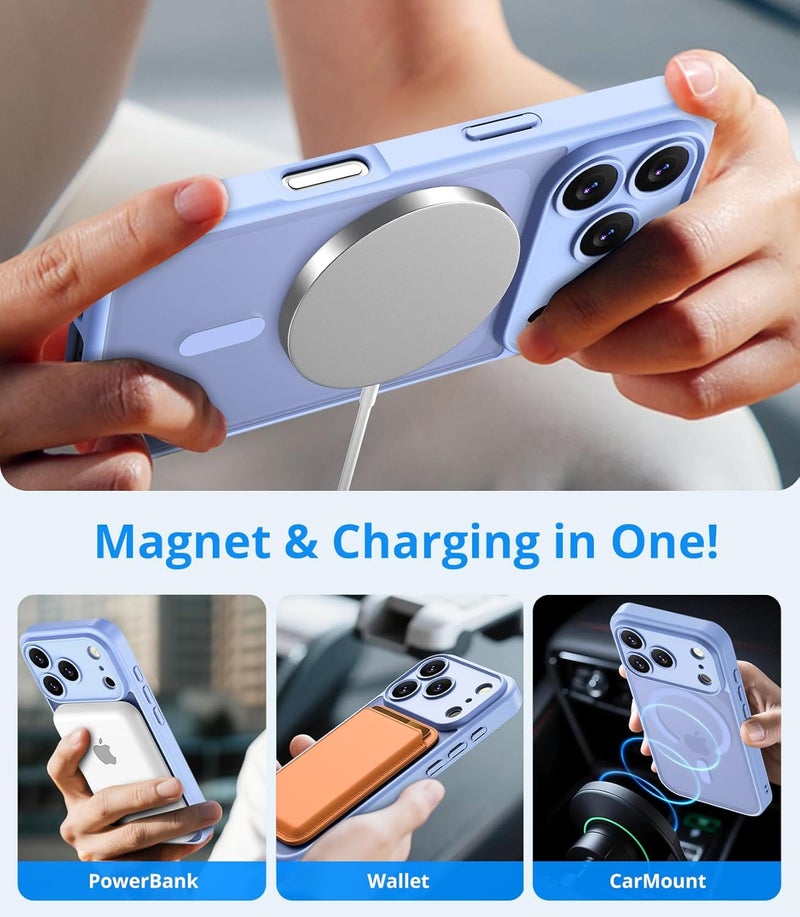 حافظة واقية مغناطيسية لـ iPhone 17 Pro Max قطعة واحدة زجاج مقسى متوافقة مع MagSafe حماية من السقوط بدرجة عسكرية حافظة شفافة غير لامعة فائقة النحافة أرجواني فاتح - Image 3