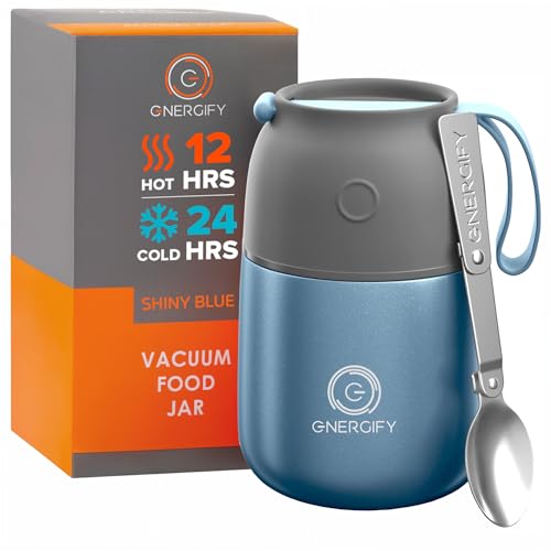 Vacuum Insulated Food Jar Large 17oz Bowl incl Folding Spoon Cup Wide Mouth Thermos Keep Hot  Cold Drinks Soup Thermo Lunch Container for Adults BPAFree Stainless Steel Leak Proof Shiny Blue
