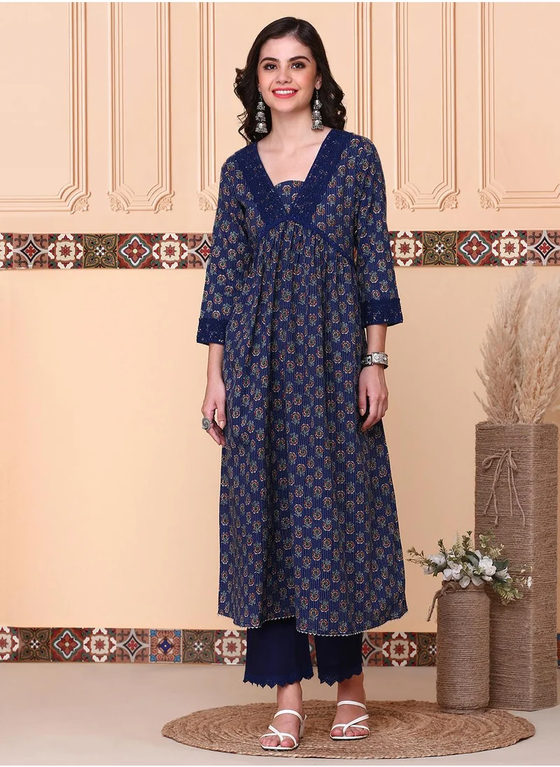 ISHIN Floral Printed Regular Pure Cotton Kurta With Trouser