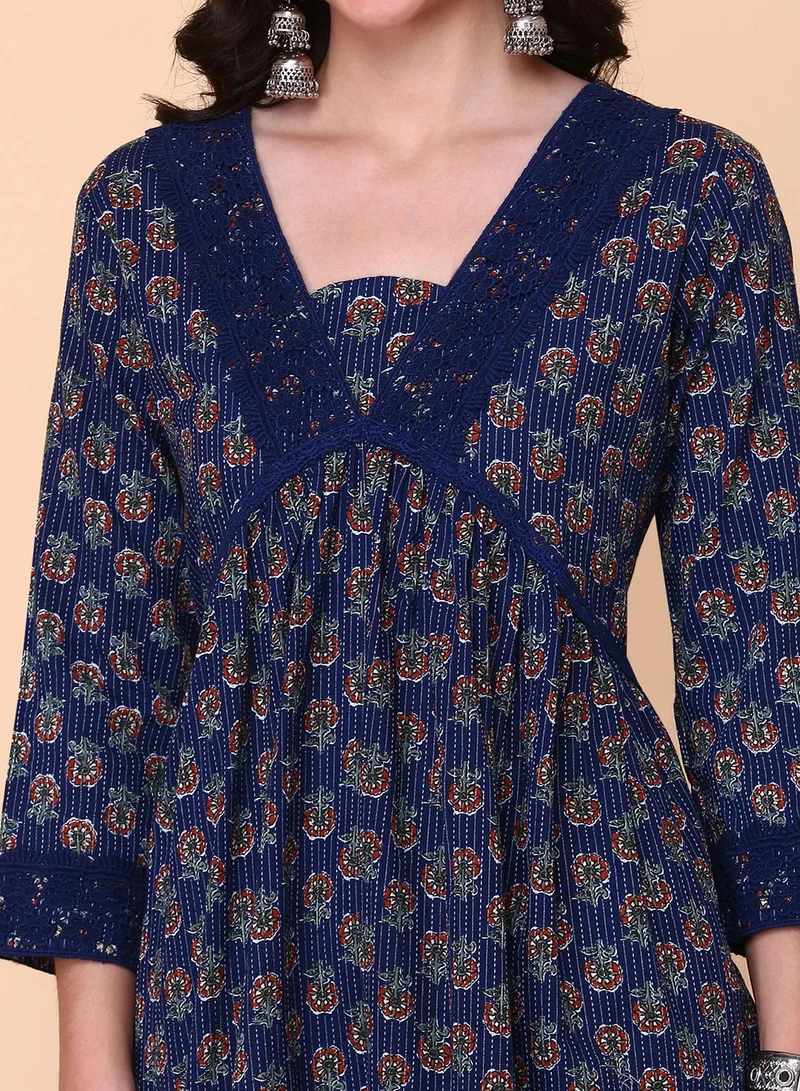 ISHIN Women's Blue 100% Cotton Printed Anarkali Kurta Set