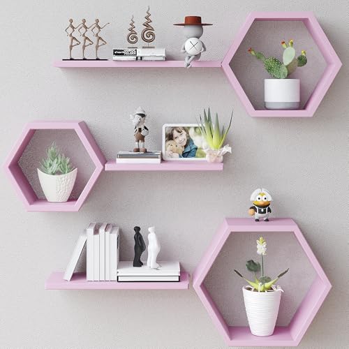 LUDORU Wooden Hexagon Floating Shelves Wall Mounted,Set of 6 Pine Hexagon Shelves Display for Photos,Plants,Rustic Honeycomb Shelves for Living Room,Bedroom,Bathroom, Kitchen, Office Decor, Pink - Image 1