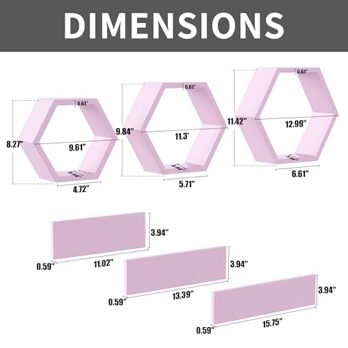 LUDORU Wooden Hexagon Floating Shelves Wall Mounted,Set of 6 Pine Hexagon Shelves Display for Photos,Plants,Rustic Honeycomb Shelves for Living Room,Bedroom,Bathroom, Kitchen, Office Decor, Pink - Image 3