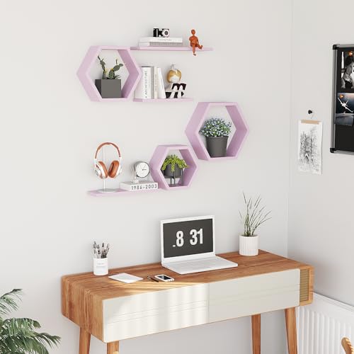 LUDORU Wooden Hexagon Floating Shelves Wall Mounted,Set of 6 Pine Hexagon Shelves Display for Photos,Plants,Rustic Honeycomb Shelves for Living Room,Bedroom,Bathroom, Kitchen, Office Decor, Pink - Image 5
