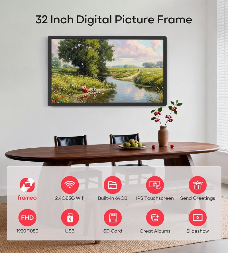 بيجاسو إطار صور رقمي كبير جدًا Frameo 32 بوصة مع واي فاي وذاكرة 64 جيجابايت، شاشة لمس IPS بدقة 1920 × 1080 FHD، إطار صور إلكتروني، قابل للتركيب على الحائط، دوران تلقائي، يدعم USB وبطاقة SD، مشاركة الصور والفيديو فورًا - Image 5