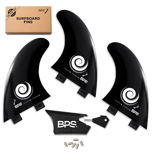 BPS Fiberglass Reinforced 3pc Surf Fins Glass Flex Thruster Set FCS G5 M5 Styled Surfboard Fins with Screw Hardware and Wax Comb Koru Black - Image 1