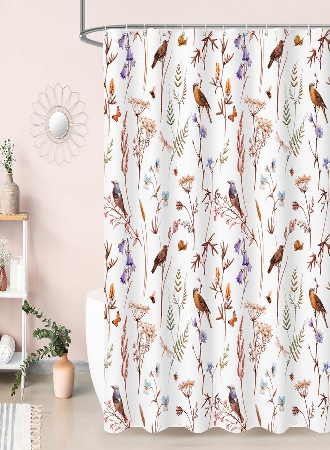 Litabel Red Cute Floral Shower Curtain, Watercolor Birds, Butterflies, Snails & Flower Design Shower Curtains for Chic Bathroom, Nature-Inspired Garden Fabric Shower Curtain, 72 x 72 - Image 1