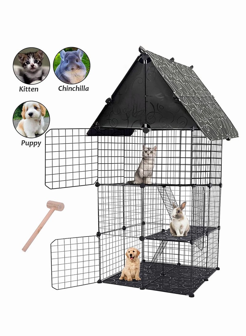 Metal Mesh Small Animal Cage 3-Tier Rabbit Wire Pen Fence with Ramps Pet House with Doors Cats Playpen for Kitty Puppy Bunny for Indoor Use (Black) - Image 1