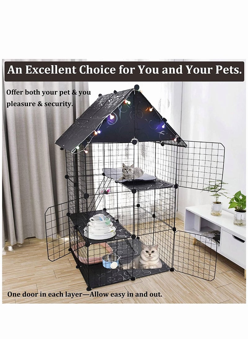 Metal Mesh Small Animal Cage 3-Tier Rabbit Wire Pen Fence with Ramps Pet House with Doors Cats Playpen for Kitty Puppy Bunny for Indoor Use (Black) - Image 3