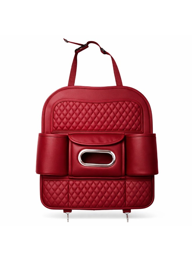 Manful Car Back Seat Organizer with Tissue Box Holder & Cup Holders – PU Leather Auto Seat Back Storage Pocket, Kick Mats Protector (Red) - Image 1