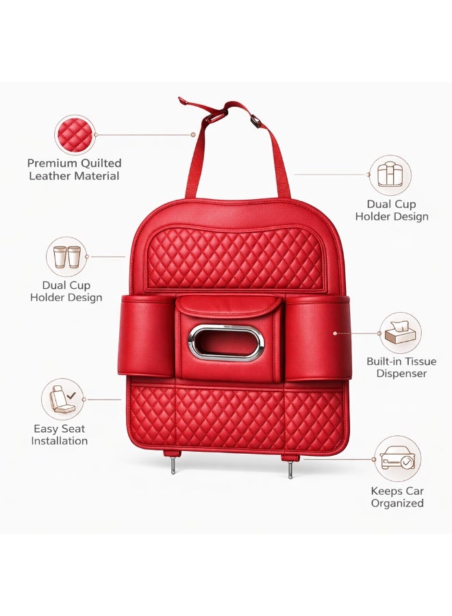 Manful Car Back Seat Organizer with Tissue Box Holder & Cup Holders – PU Leather Auto Seat Back Storage Pocket, Kick Mats Protector (Red) - Image 4