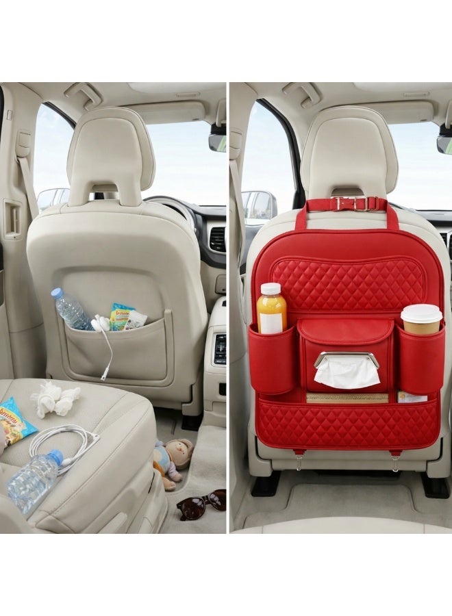 Manful Car Back Seat Organizer with Tissue Box Holder & Cup Holders – PU Leather Auto Seat Back Storage Pocket, Kick Mats Protector (Red) - Image 5