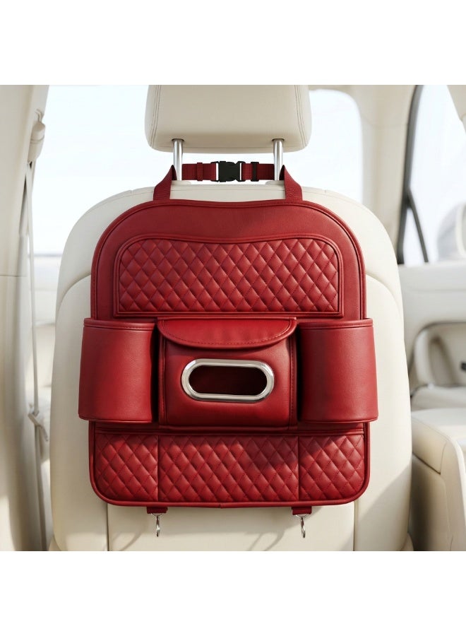 Manful Car Back Seat Organizer with Tissue Box Holder & Cup Holders – PU Leather Auto Seat Back Storage Pocket, Kick Mats Protector (Red) - Image 2