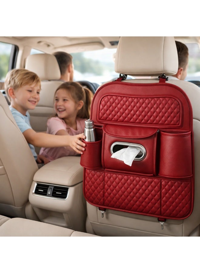 Manful Car Back Seat Organizer with Tissue Box Holder & Cup Holders – PU Leather Auto Seat Back Storage Pocket, Kick Mats Protector (Red) - Image 3
