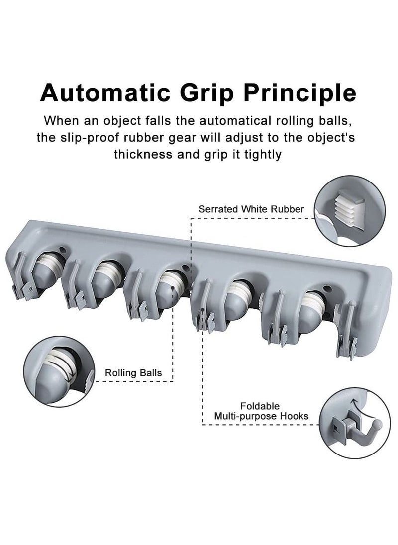Generic - Mop and Broom Holder Garden Tool Organizer Multipurpose Wall Mounted 4 Ball Slots with 5 hooks Storage Rack Grey - Image 1