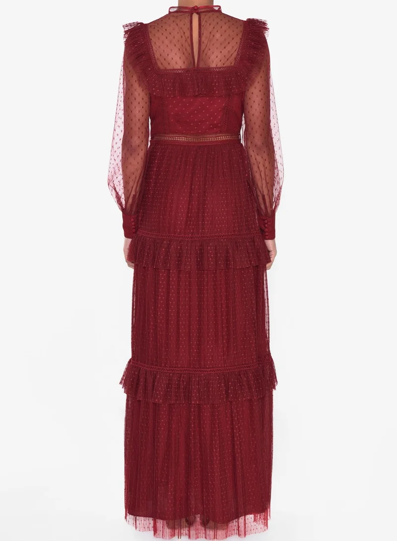 True Decadence Burgundy Polka Dot Mesh High Neck Long Sleeve Layered Maxi Dress