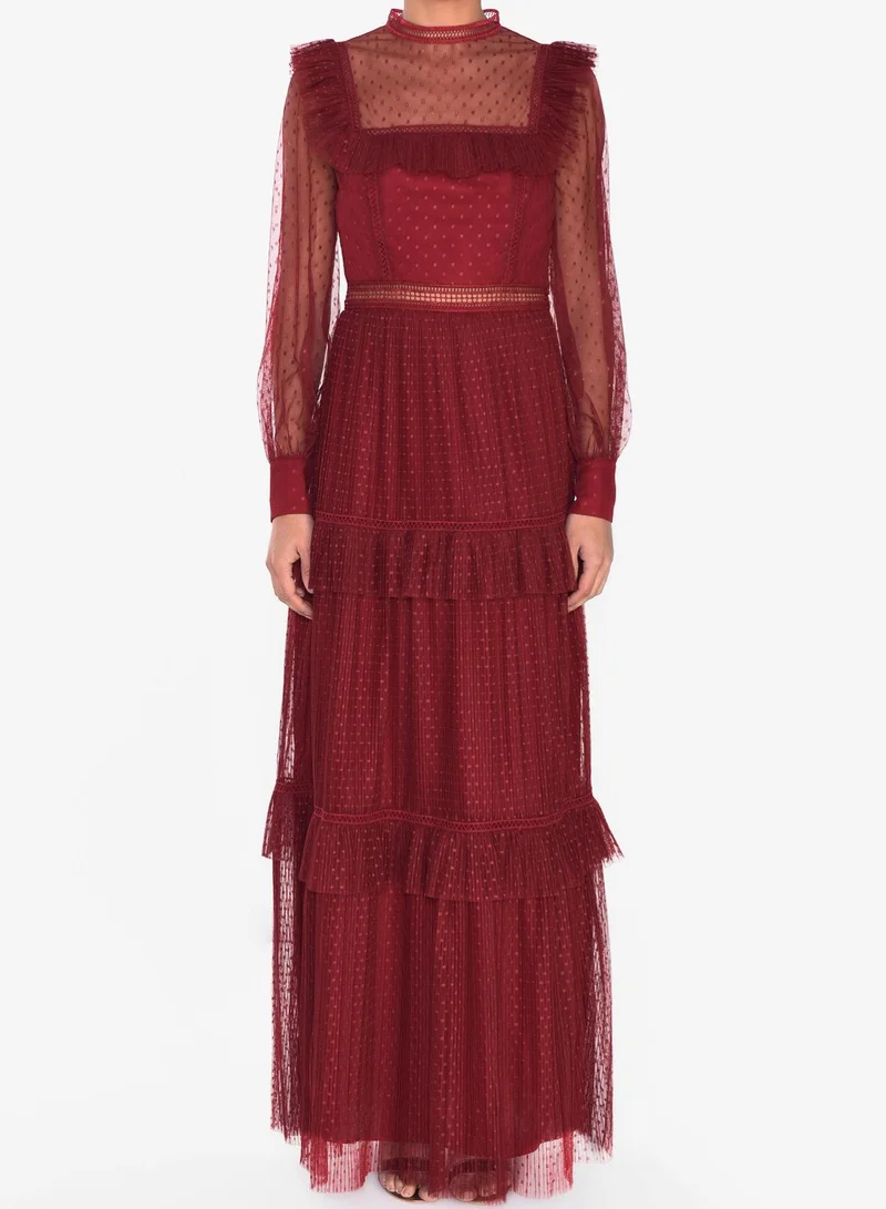 ترو ديكادينس Burgundy Polka Dot Mesh High Neck Long Sleeve Layered Maxi Dress