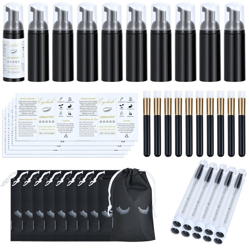 Tannova 50 Pcs Lash Shampoo Bottle Brushes Set, Empty Lash Shampoo Bottles, Lash Shampoo Label Stickers, Mascara Wands and Tubes Eyelash Brush, Lash Cleansing Brushes, Bag for Lash Extensions Aftercare(Black) 