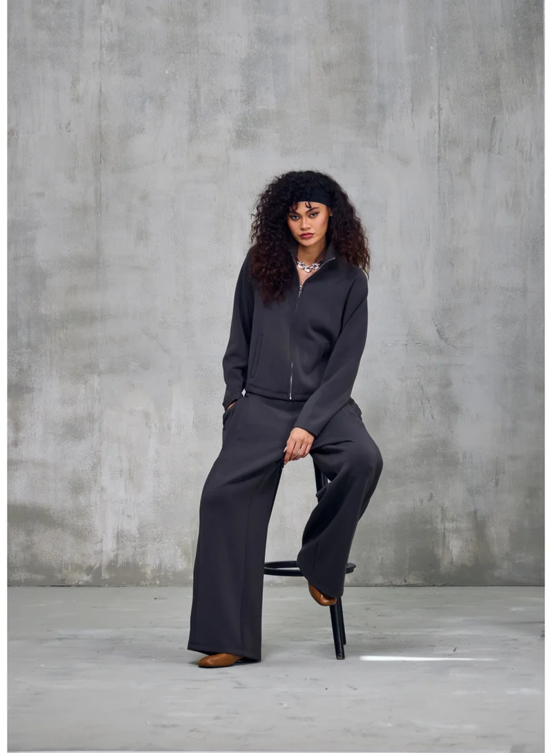 Ashita Fernandes  High-Neck Zip-Up Jacket Top – Charcoal Grey for Women | Best Price UAE