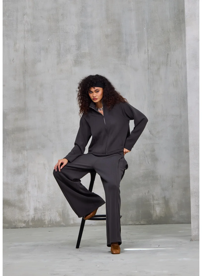 أشيتا فرنانديز High-Neck Zip-Up Jacket Top – Charcoal Grey