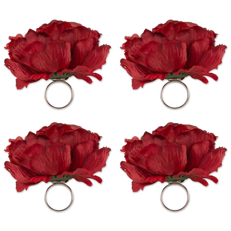 DII Beautiful Peony Flower Napkin Rings Deep Red 4 Piece