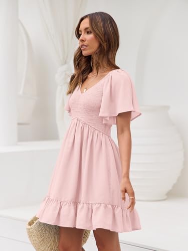 LILLUSORY Women's Flowy Casual Mini Dresses 2025 Summer Graduation Smocked V Neck Vacation Dress Dress with Pockets LightPink M - Image 4