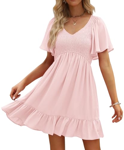 LILLUSORY Women's Flowy Casual Mini Dresses 2025 Summer Graduation Smocked V Neck Vacation Dress Dress with Pockets LightPink M - Image 1