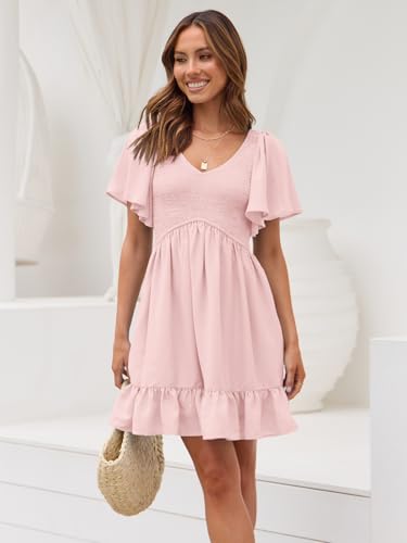 LILLUSORY Women's Flowy Casual Mini Dresses 2025 Summer Graduation Smocked V Neck Vacation Dress Dress with Pockets LightPink M - Image 2
