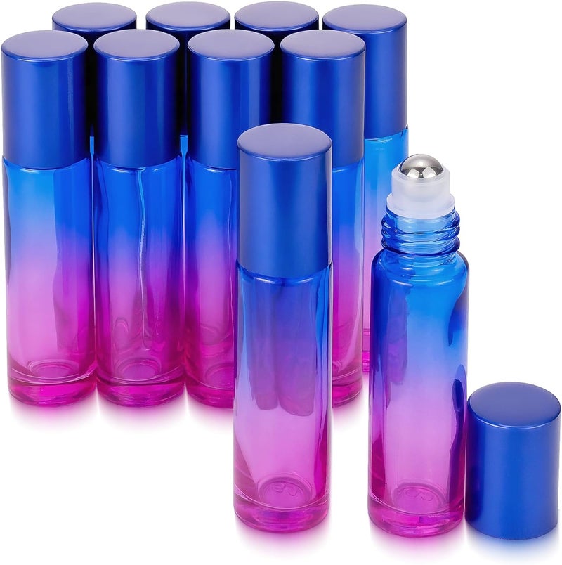 JIUWU 10 Pack 10ML Refillable Glass Roller Bottle,Empty Bule and Purple Roller Bottle for Essential Oil Perfume Cuticle