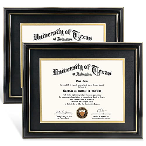 GraduationMall 85x11 Diploma Frame with Black over Gold Mat or Display 11x14 Certificate without MatSolid Wood  UV Protection AcrylicGlossy Black Finish with Gold Trim2 Pack