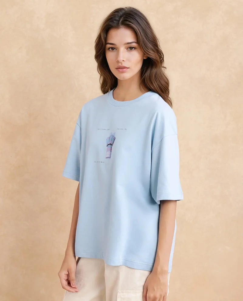Rareism Women's Oversized T-Shirt With Back Graphic Print