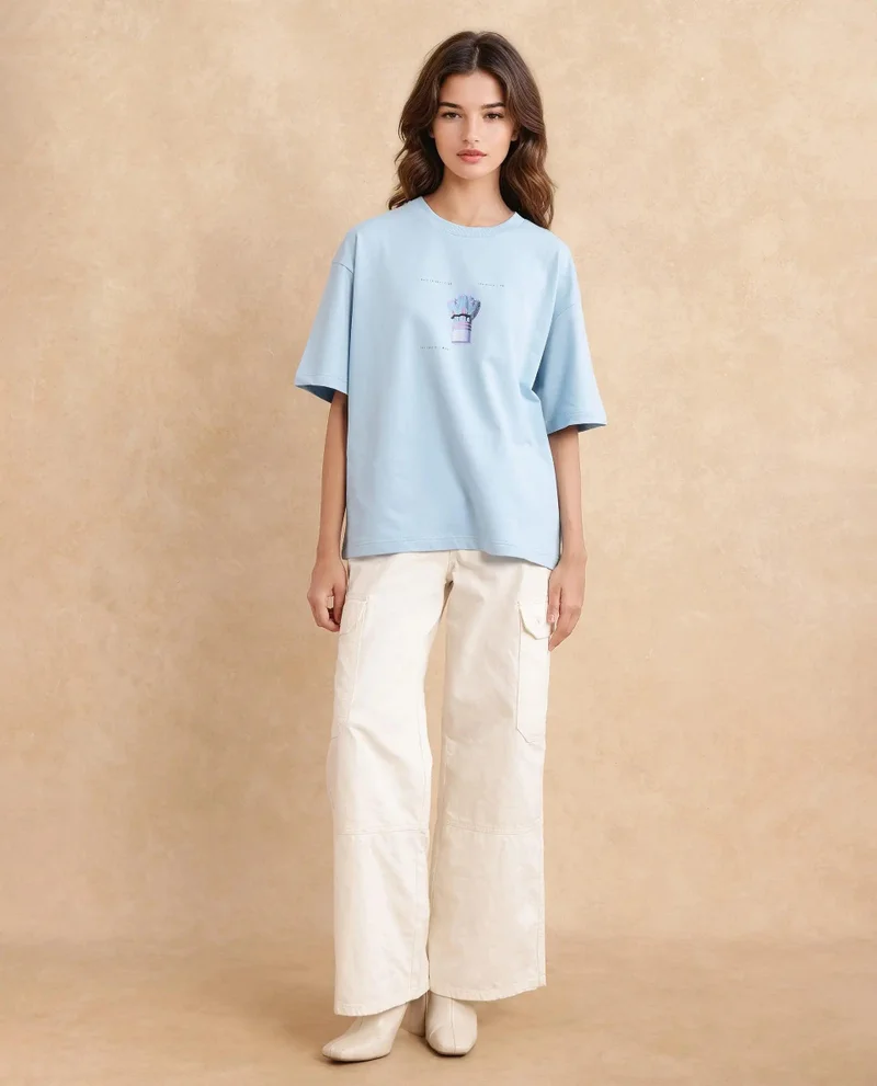 Rareism Women's Oversized T-Shirt With Back Graphic Print