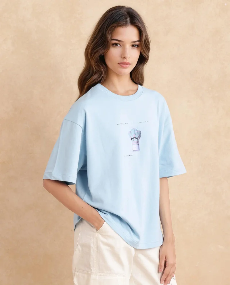 Rareism Women's Oversized T-Shirt With Back Graphic Print