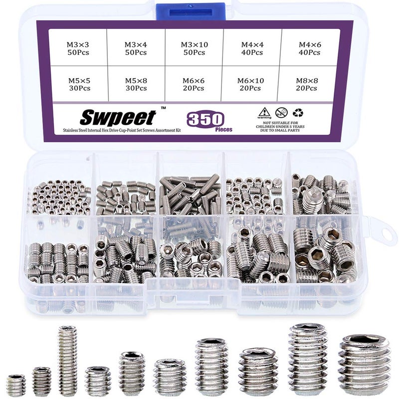 Swpeet 350 Pcs Stainless Steel Allen Head Socket Hex Grub Screw Assortment Kit Including 10 Sizes M34568 Stainless Steel Internal Hex Drive CupPoint Set Screws for Door Handles - Image 2
