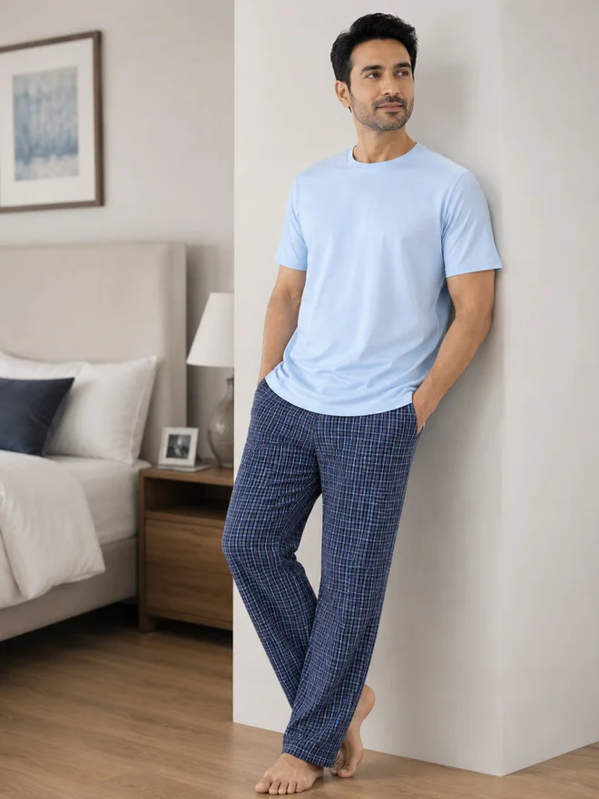 Victor And Jane victor and jane Men Solid Cotton T-Shirt and Checked Pyjama Set