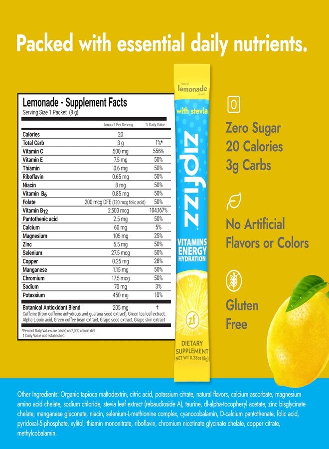 Zipfizz Stevia Energy Drink Powder, Lemonade, 10 Pack - 3-in-1 Sustained Energy, Rapid Hydration & Essential Vitamins - Sugar-Free, Non-Effervescent Electrolyte Drink Mix with B12 & Antioxidants - Image 2
