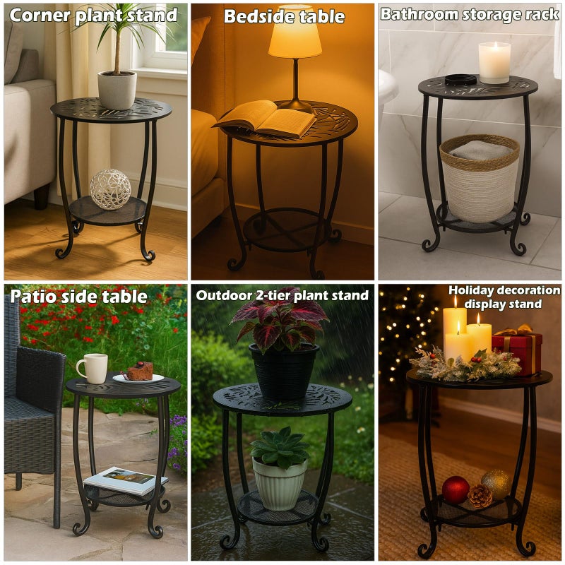 lucpur 2-Tier Metal Round Side Table Black Accent Coffee Tables Small Space Corner Plant Stand Shelf for Indoor Outdoor Porch Patio Balcony Living Room End Table with Storage, Rust-Proof - Image 5