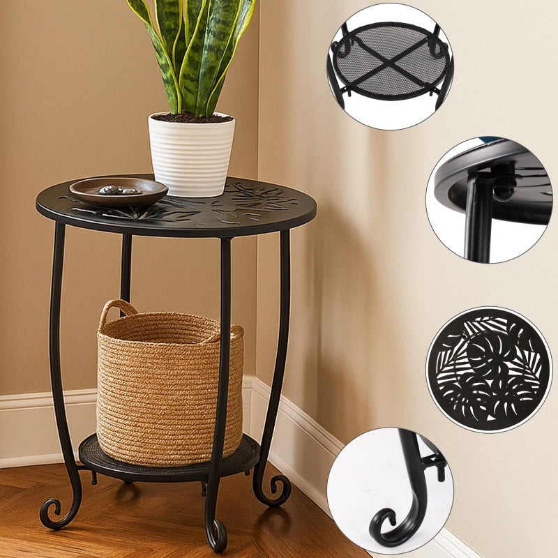 lucpur 2-Tier Metal Round Side Table Black Accent Coffee Tables Small Space Corner Plant Stand Shelf for Indoor Outdoor Porch Patio Balcony Living Room End Table with Storage, Rust-Proof - Image 3