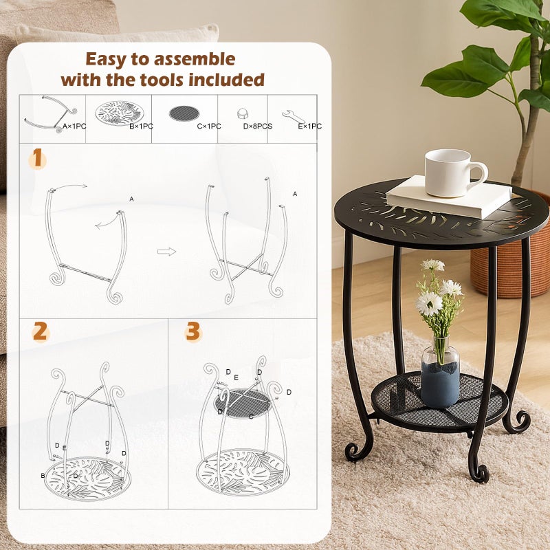 lucpur 2-Tier Metal Round Side Table Black Accent Coffee Tables Small Space Corner Plant Stand Shelf for Indoor Outdoor Porch Patio Balcony Living Room End Table with Storage, Rust-Proof - Image 4